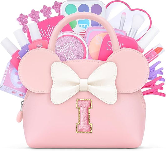 Pretend Makeup Kit for Girls Kids Toddlers - Initial Purse & Makeup Sets for Kids Make Up Toys Gifts for Girls Kid I