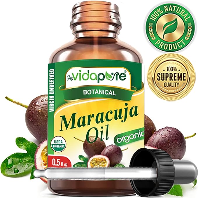 MYVIDAPURE Organic MARACUJA OIL Passion Fruit Certified Organic 100% Natural, Pure WILD GROWTH VIRGIN UNREFINED Brazilian for Skin, Face, Hair, Lip and Nail Care (0.5 Fl Oz)