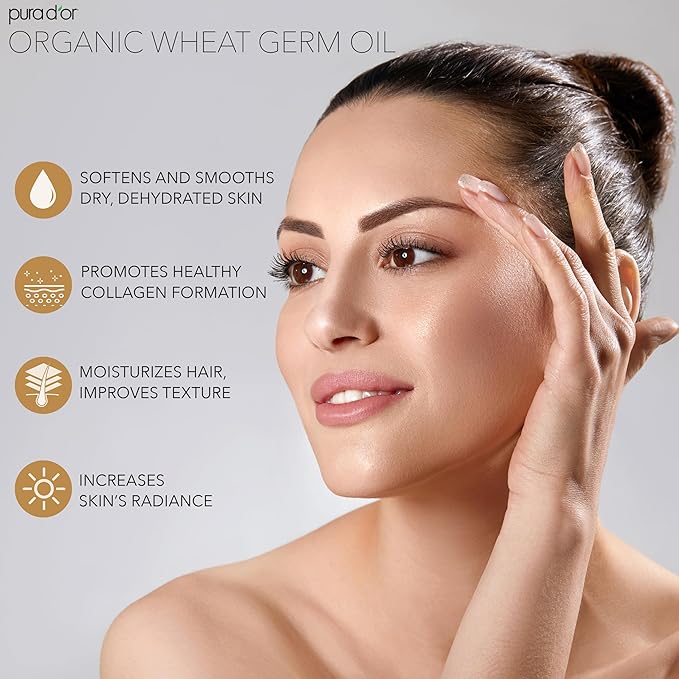PURA D'OR ORGANIC Wheat Germ Oil (16 Oz x2 = 32 Oz) 100% Pure & Natural USDA Certified Cold Pressed Carrier Oil - Vitamin E Rich, Moisturizing & Nourishing Anti-Aging Properties - Healthy Hair Growth