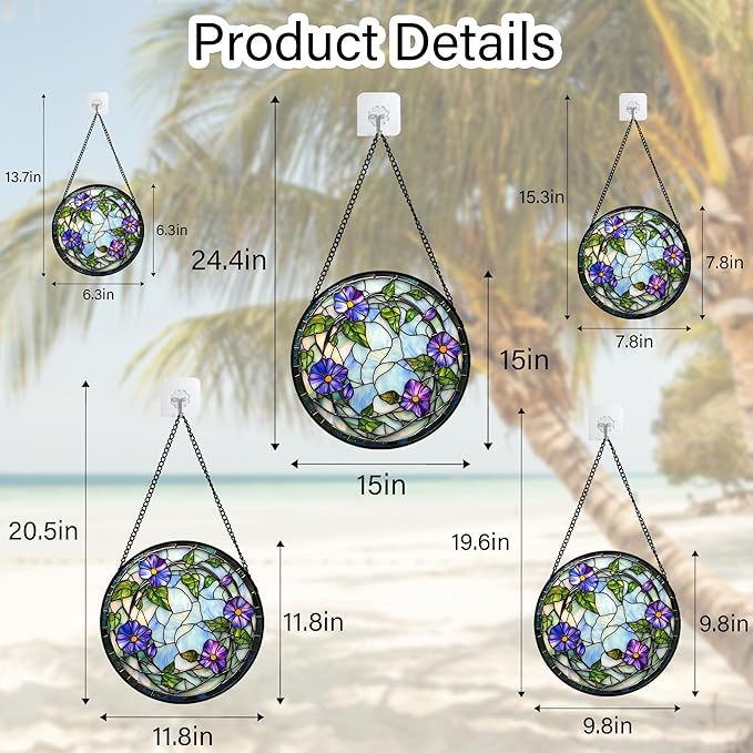 Stained Glass Window Hanging, Purple Morning Glory Flowers Suncatcher for Doors Window Home Plant Sun Catchers Decoration Mother's Day Birthday Gifts for Women, Men, and Mom 11.8x11.8 in