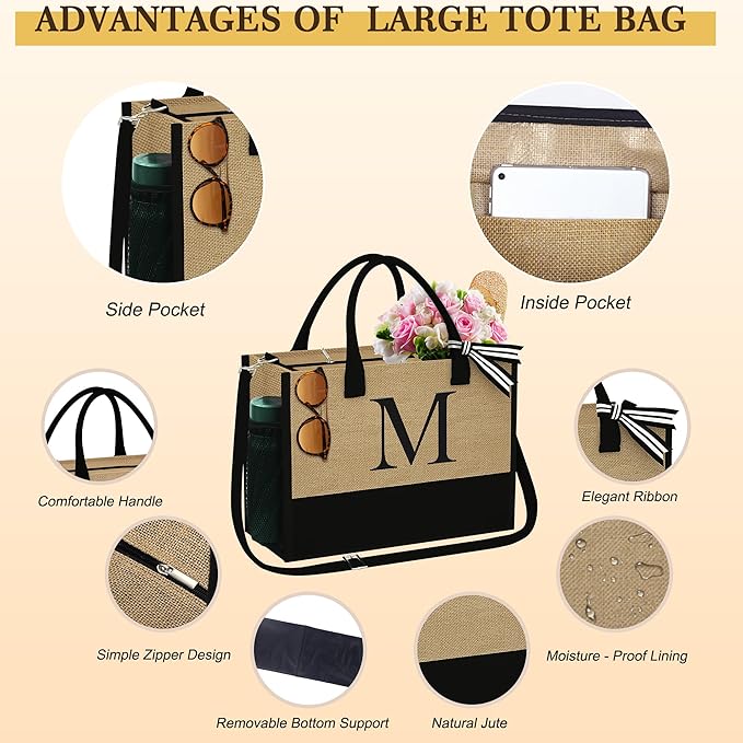 YOOLIFE Gifts for Women - Initial Jute Tote Bag & 2 Makeup Bags Personalized Gifts for Women Teacher Mom Friend Birthday