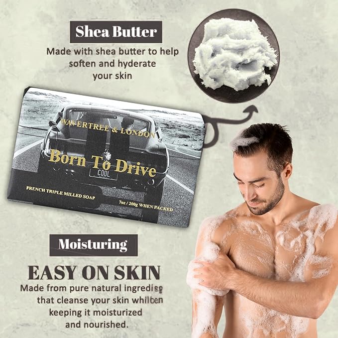 Wavertree & London Born To Drive Scented Natural Soap Bars (2 Bars), 7oz Moisturizing French Triple Milled Soap Bars enriched with shea butter - Pure Plant Oil Bath & Body Bars for All Skin Types