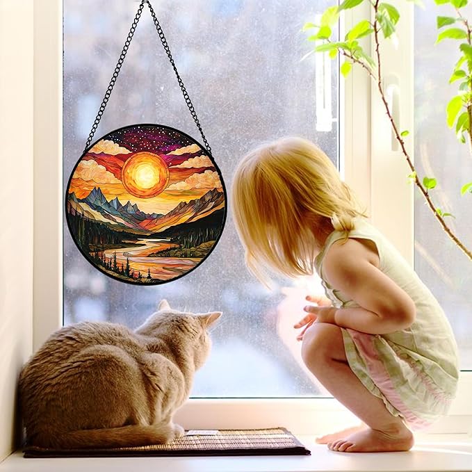 Stained Glass Window Hanging, Dusk Sunset Landscape Sun Catchers Glass Panel Lakes and Mountains Suncatcher Decor for Birthday for Women, Men, Wife, Aunt, and Mom 9.8 in