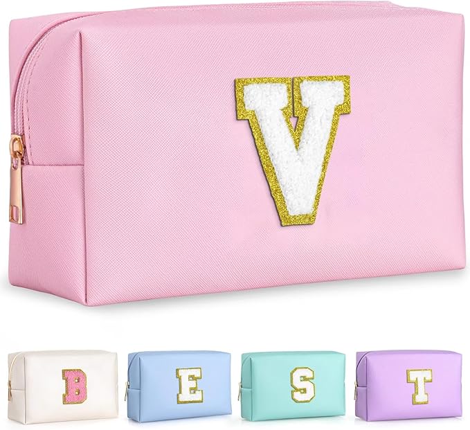 TOPEAST Initial Makeup Bags for Women, Personalized Portable Cosmetic Bag for Travel, Cute Makeup Pouch, PU Leather Waterproof Toiletry Bag, Preppy Things for Girl (Pink V)