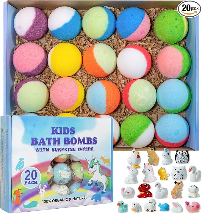 Bath Bomb Gift Set with Toys Inside, 20 Pack Organic Bath Bombs for Kids, Kids Safe Handmade Fizzy Balls for Kid, Ideal Birthday Gift for Boys & Girls