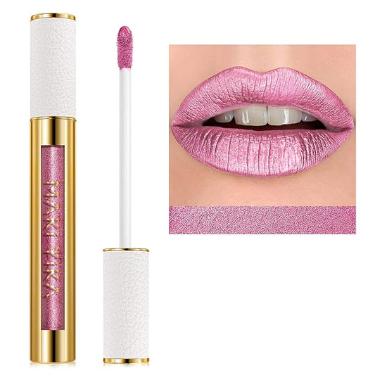 MAKI YIKA Pink Lipstick for Women Metallic Lipsticks Glitter Long Lasting Lipstick No Smudge No Transfer Liquid Lip Gloss (BR013 First Love)