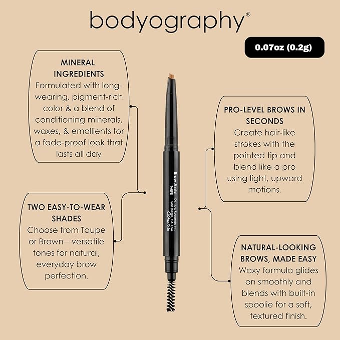 Bodyography Brow Assist – Brown | Triangular Tip Eyebrow Pencil for Women with Built-In Spoolie | Defines, Fills & Shapes Brows | Mineral-Based Formula with Castor & Coconut Oil | Clean, Vegan