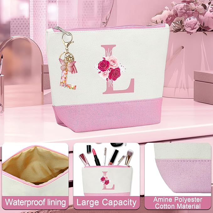 Monogrammed Gifts for Women,Personalized Gift for Women,Initial Canvas Tote Bag,16oz Initial Glass Cup,Makeup Bag for Sister,Jewelry Organizer Box,Birthday Gifts for Aunt Niece-L