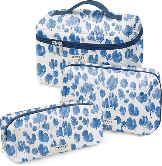 TOPEAST Makeup Bag for Women Girl, 3Pcs Large Cotton Travel Make up Bags with Zipper, Cute Quilted Floral Cosmetic Organizer Potable Brushes Toiletry Bag Set, Blue Floral