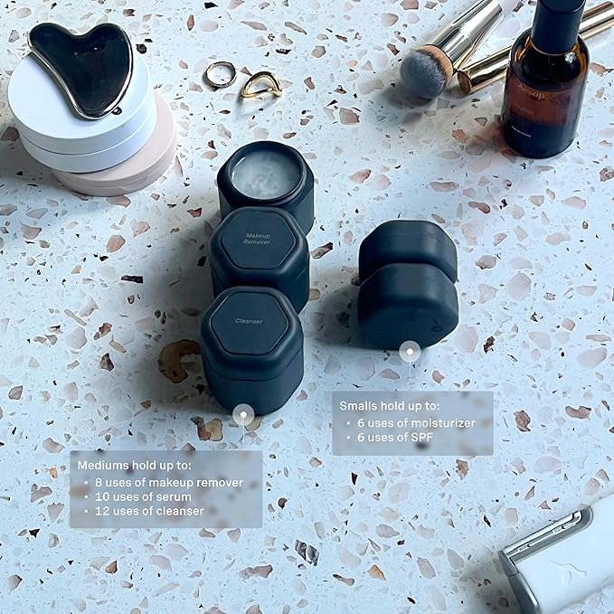 Cadence Travel Containers - Core Skincare Set - Magnetic Containers with Lids,2 Small (0.56oz) & 3 Medium (1.32oz) - Cleanser, Moisturizer, Serum, Makeup Remover & Sun Icon Labels - Charcoal