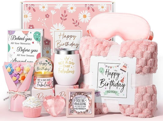 Birthday Gifts for Women Friendship, Unique Happy Birthday Gifts Basket for Mom Her Best Friend Sister Wife Girlfriend Coworker, Luxury Self Care Box Rose Relaxing Spa Gifts Set for Women with Blanket