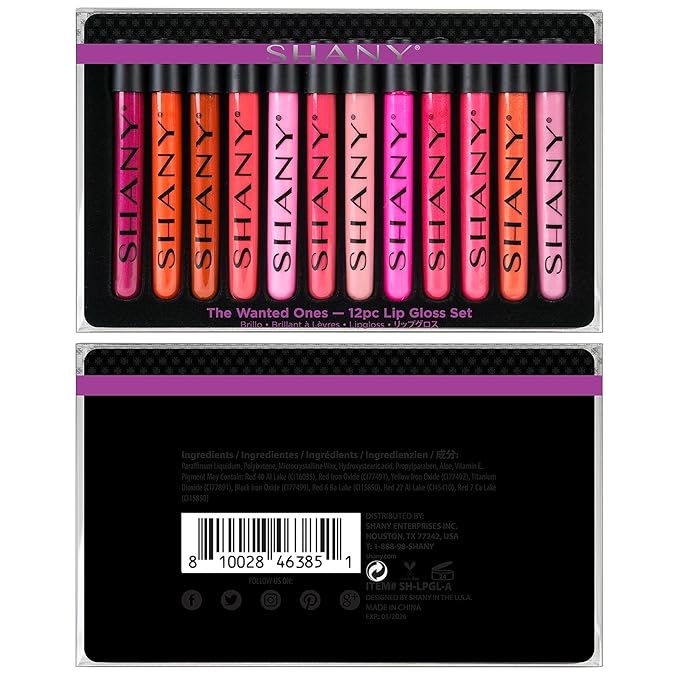 SHANY Lip Gloss Makeup Set, 12 Piece Professional Lip Color Collection with Shimmer and Pearl Finishes, Enriched with Aloe Vera and Vitamin E, Long Lasting Glossy and Moisturizing Lip Luminizer - Gift