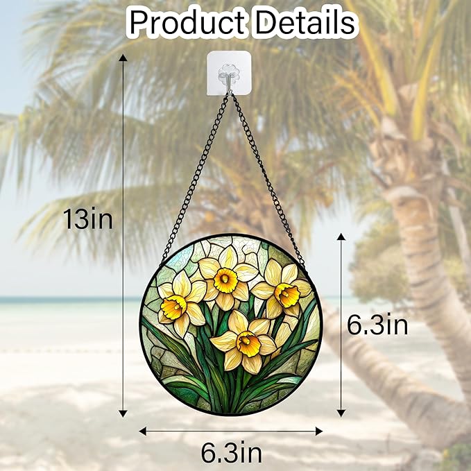 Stained Glass Window Hanging, Daffodil Plant Flowers Sun Catchers Diamond Glass Panel Hangings Suncatcher Decor for Birthday for Women, Men, Wife, Aunt, and Mom 6.3 in