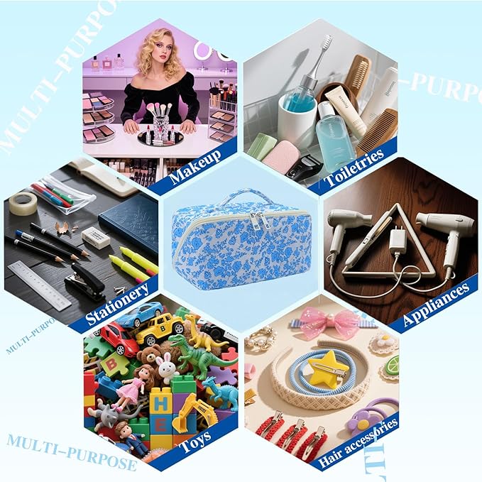 Blue Large Quilted Floral Makeup Bag Cute Coquette Aesthetic Cosmetic Bag Open Flat Travel Toiletry Make up Bag for Women