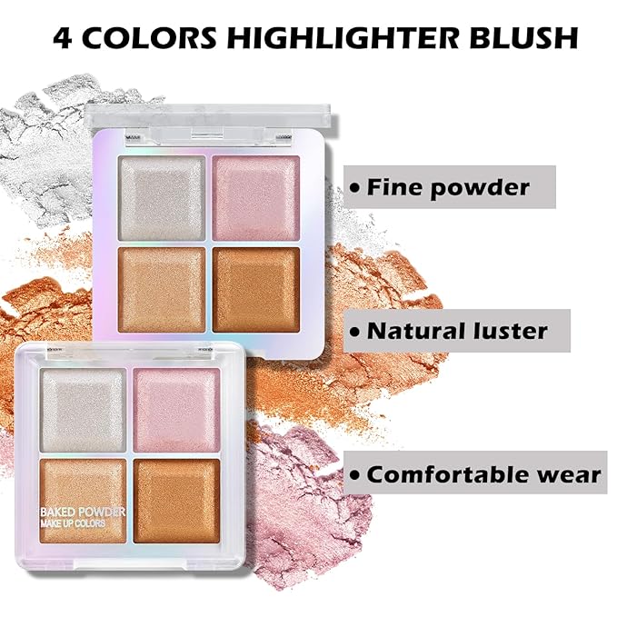 Boobeen Blush and Highlighter Palette- 4-color Metallic Shimmer Shadow Powder, Illuminator Makeup Set for Shading, Highlighting & Defining the Face