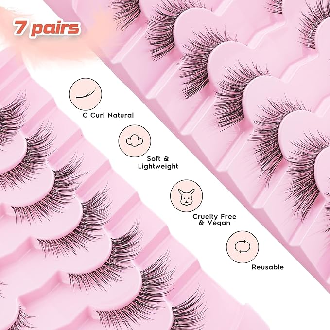 Lashes Cat Eye 16MM Foxy Eyelashes Wispy Lash Strips C Curl Natural Lashes Fake Eyelashes with 0.03MM Ultra Thin Band Siligli Fox Eyelash, 7 Pair
