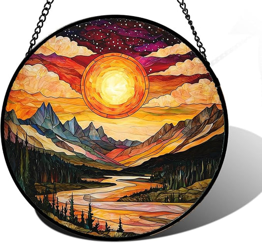 Stained Glass Window Hanging, Dusk Sunset Landscape Sun Catchers Glass Panel Lakes and Mountains Suncatcher Decor for Birthday for Women, Men, Wife, Aunt, and Mom 9.8 in
