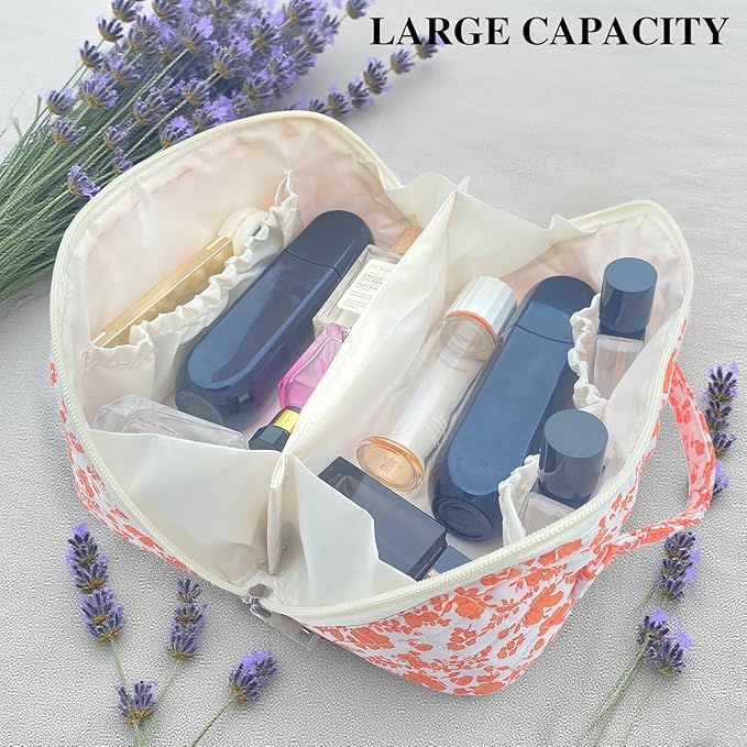 Orange Large Quilted Floral Makeup Bag Cute Coquette Aesthetic Cosmetic Bag Open Flat Travel Toiletry Make up Bag for Women