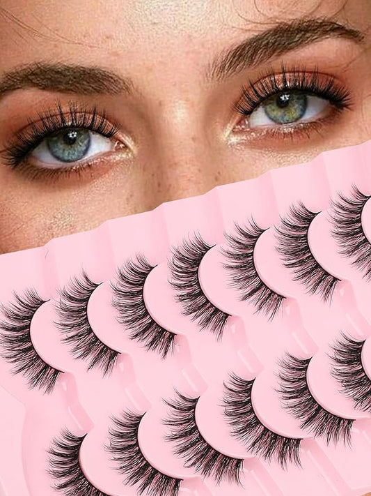 False Lashes Wispy Eyelashes Natural Look 15MM Fake Eyelashes 0.1MM Thin Band Strip Lashes Lightweight False Eyelash 3D Volume Fluffy Eye Lash C Curl Soft Siligli 7 Pair