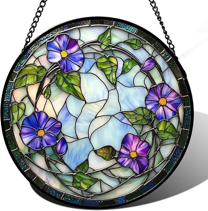 Stained Glass Window Hanging, Purple Morning Glory Flowers Suncatcher for Doors Window Home Plant Sun Catchers Decoration Mother's Day Birthday Gifts for Women, Men, and Mom 7.8x7.8 in