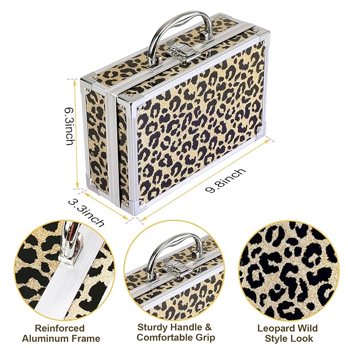 Anpro All-In-One Makeup Kit with Carry Case, Pro Teen Makeup Set, Full Starter Cosmetics Kit with Makeup Brushes, Lipsticks, Eye Shadows Palette, Blushes, Glitter Gel-Yellow Leopard