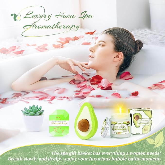 Avocado Self Care Package for Women-12PCS Avocado Themed Birthday Box for Woman Get Well Soon Gift for Women Relaxing Spa Gifts Basket Care Package with Luxury Flannel Blanket