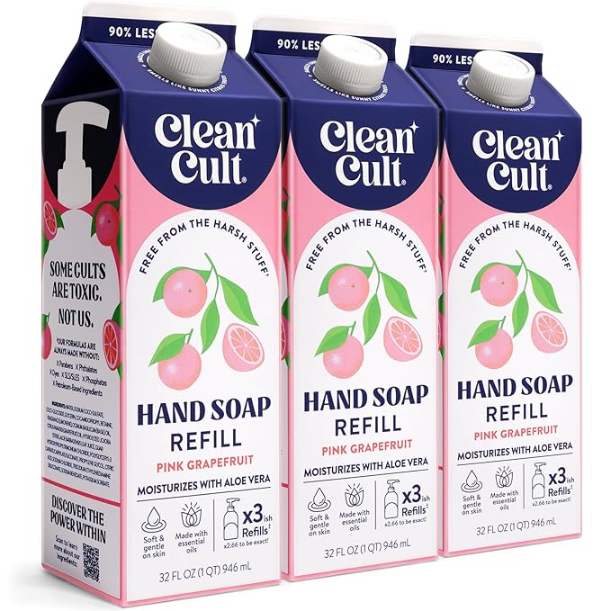 Cleancult Liquid Hand Soap Refill - Pink Grapefruit- Moisturizes Dry & Sensitive Skin - Made with Aloe Vera & Essential Oils - Eco Friendly - Paper-Based Packaging - 32 oz/3 Pack