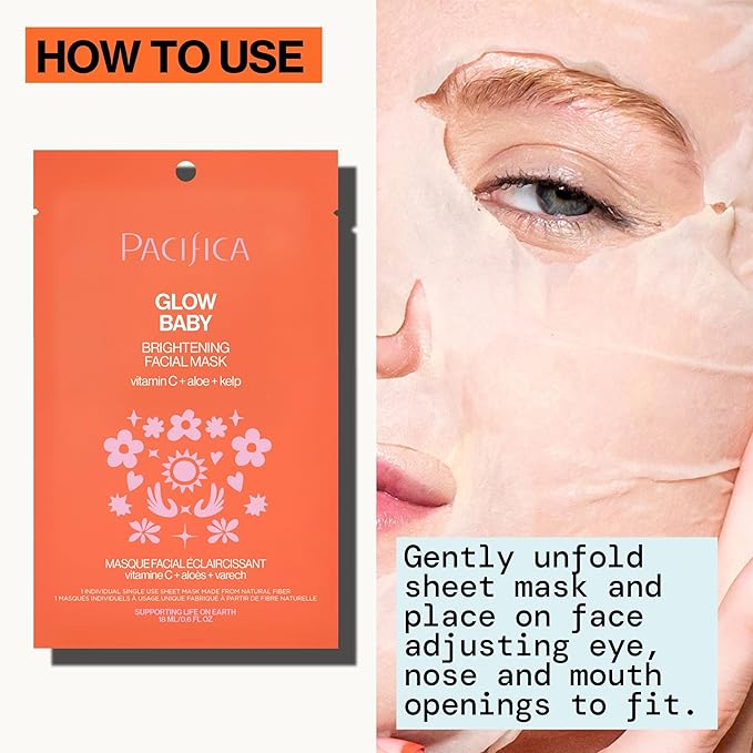 Pacifica Glow Baby Brightening Vitamin C Face Mask 4-Pack – Hydrating Serum-Soaked Sheet Mask for Glowing Skin, Fights Dullness & Dark Spots, Infused with Aloe & Kelp, 100% Vegan & Cruelty-Free