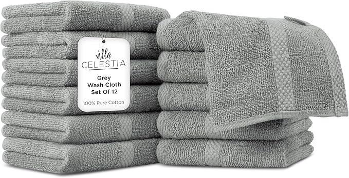 100% Cotton Wash Cloth for face & Body Set of 12, (12 x 12 inches) Sustainable, Soft, Highly Absorbent, Combed Cotton Wash Cloths Pack of 12 for Hotels, Spa, Bathroom, Dorm, Grey