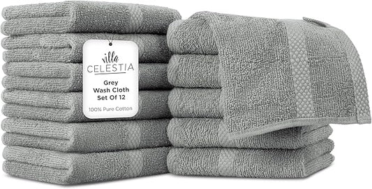 100% Cotton Wash Cloth for face & Body Set of 12, (12 x 12 inches) Sustainable, Soft, Highly Absorbent, Combed Cotton Wash Cloths Pack of 12 for Hotels, Spa, Bathroom, Dorm, Grey