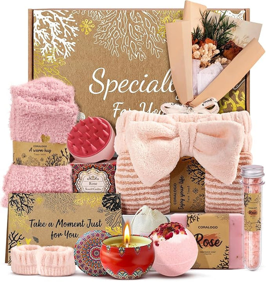 Coralogo Rose Spa Gift Baskets - Natural Pampering Spa Set, Self-Care Beauty Gift Basket, Wellness Bath & Body Works, Unique Gifts for Birthday, Valentines Day, Mothers Day for Mom, Wife, Her