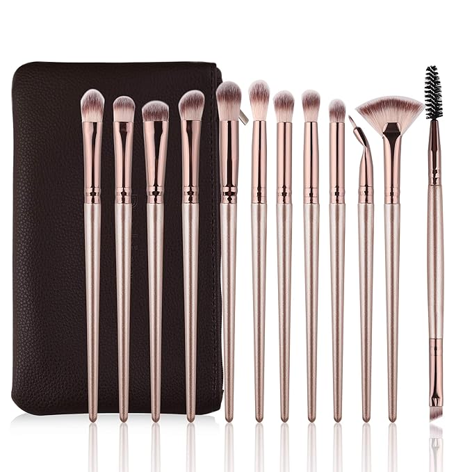 Daubigny Eye Makeup Brushes,12 PCS Professional Eye shadow, Concealer, Eyebrow, Foundation, Powder Liquid Cream Blending Brushes Set With Carrying Bag(Champagne Gold)