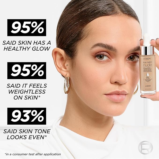 L'Oreal Paris True Match Nude Hyaluronic Tinted Serum Foundation with 1% Hyaluronic acid, Medium 4-5, 1 fl. oz.