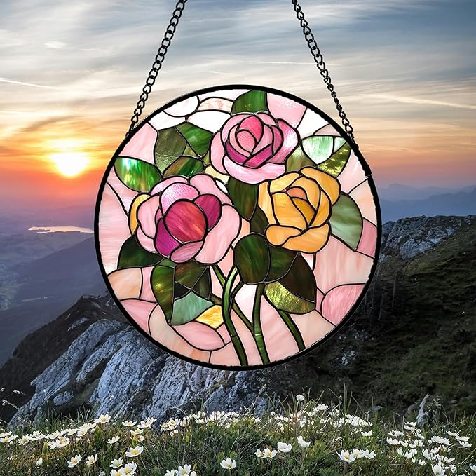 Stained Glass Window Hanging 4 Pcs Set Pink Floral Theme 6.3" - Flowers Suncatcher Door Garden Sun Catcher Decor Birthday Christmas for Mom Woman Nana Men Friend