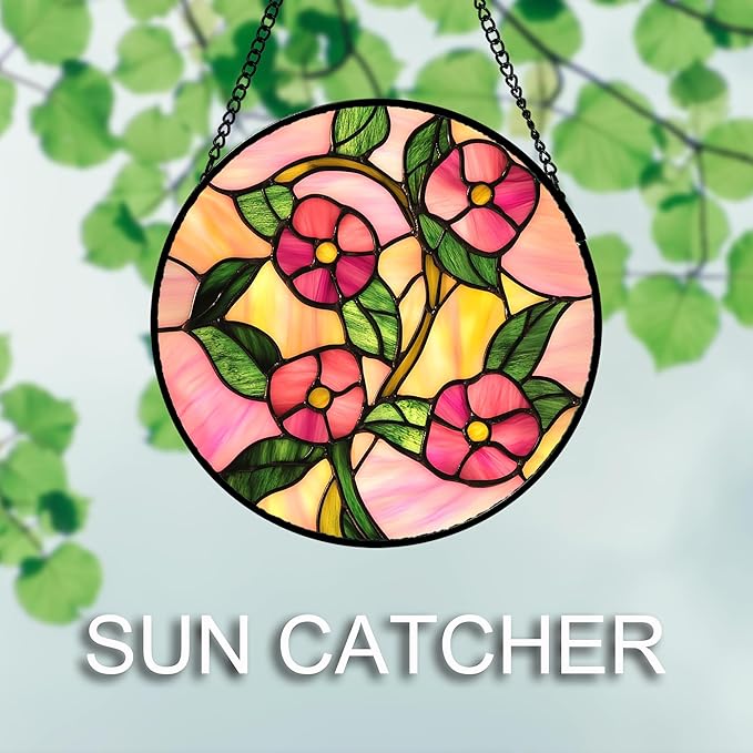 Stained Glass Window Hanging 4 Pcs Set Pink Floral Theme Large 11.8" - Flowers Suncatcher Door Garden Sun Catcher Decor Birthday Christmas for Mom Woman Nana Men Friend
