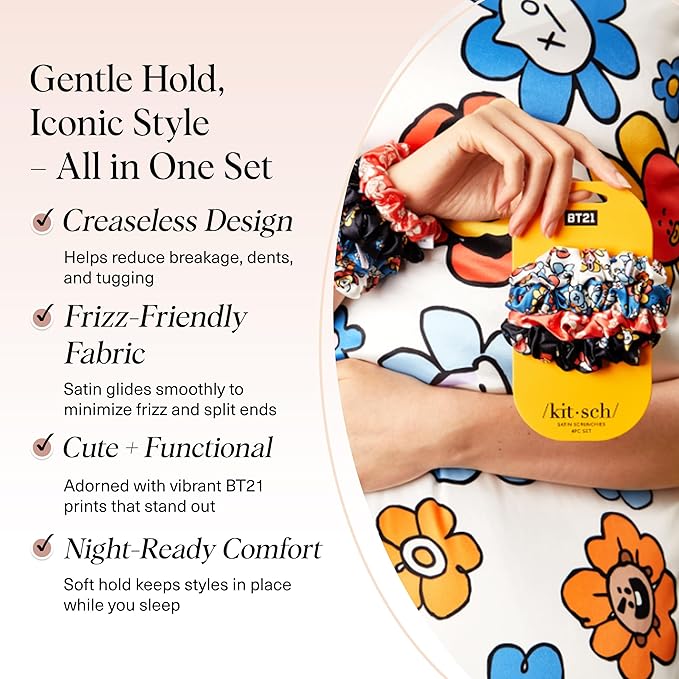 Kitsch x BT21 Satin Scrunchies for Women - No Crease Hair Ties for Girls | Scrunchies For All Hair Types and Textures, Perfect for Day or Night | Ideal Gifts for Women - 4 Pcs