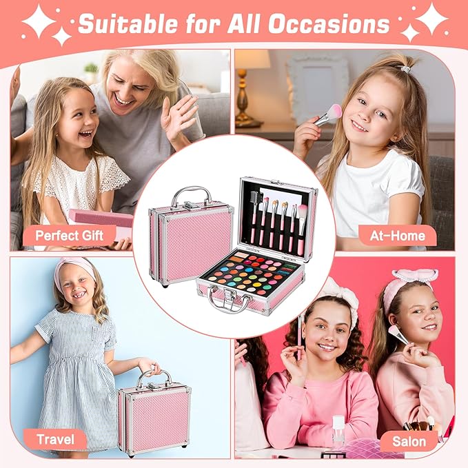 Anpro All-In-One Makeup Carry Case with Pro Teen Makeup Set, Full Starter Cosmetics Kit with Makeup Brushes, Eye Shadows Palette, Blushes, Glitter Gel, Temporary Tattoo Stickers - Blue, Style04