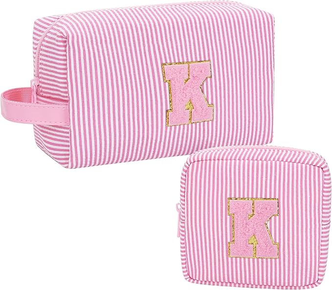 MONSTINA Initial Makeup Bag for Women,Make Up Case for Girlfriend Bridesmaid Wife|Personalized Birthday Gift for Her Cute Toiletry Bag,2PCS,Pink K