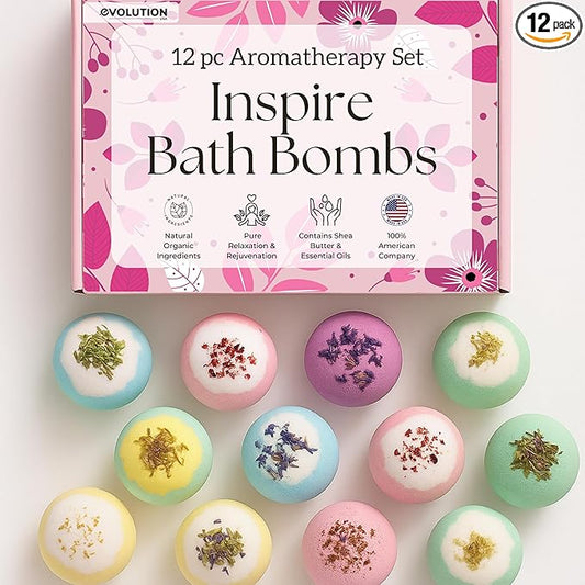 EvolutionUSA Inspire Bath Bombs for Women, 12 Gorgerous Flower Bath Bombs Topped with Dried Flowers, Luxurious Mother's Day Gift Set, Brithday Gift, Easter Gift or for Creating Lush Self Care Moment