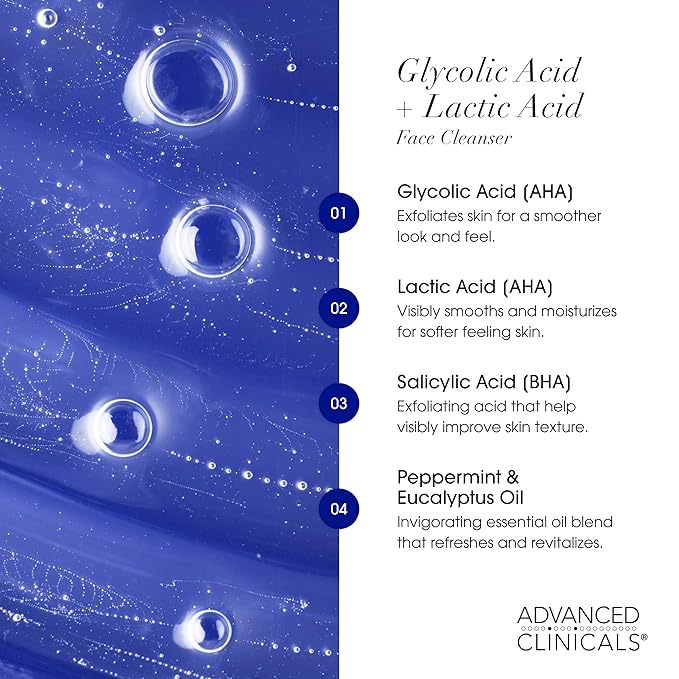 Advanced Clinicals Glycolic Acid Exfoliating Face Wash For Women & Men | Lactic Acid & Salicylic Acid Facial Cleanser | Glycerin Gel Gleanser Helps Gently Exfoliate & Cleanse Dirt & Oil, 11.75 Fl Oz
