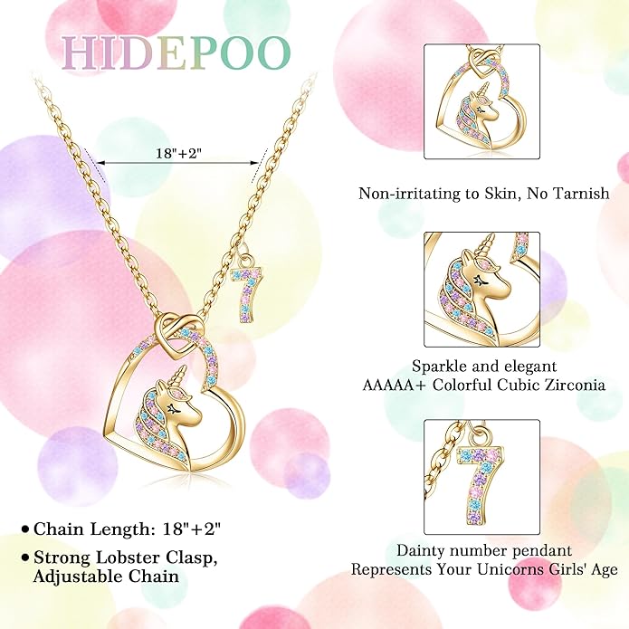 Hidepoo Birthday Unicorns Gifts for Girls - Unicorn Necklace Birthday Gift for 3-16 Year Old Girl Colorful CZ Heart Pendant Unicorn Necklace for Girls Gifts Jewelry