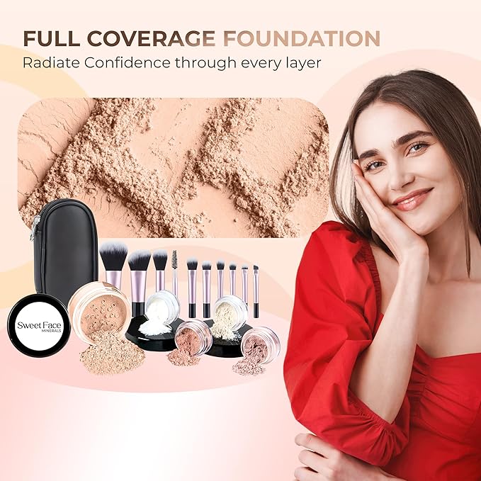 16pc Beginner Mineral Makeup STARTER KIT with 10 BRUSHES(5gm)Sample Size Foundation, Primer, Blush, Bronzer, Setting Powder for Learning, Occasional Use,First Time Users, Travel Size Kit(Pink Bisque)