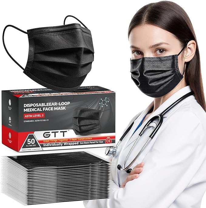 GTT ASTM Level 3 Highly Protective Disposable 3 Ply Face Masks with Individual Packaging, Breathable & Comfortable Mask