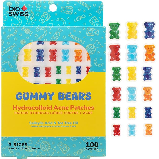 BioSwiss Pimple Patches, Gummy Bears Patch for Zits and Blemishes, Hydrocolloid Spot Stickers for Face and Skin, 100 Count