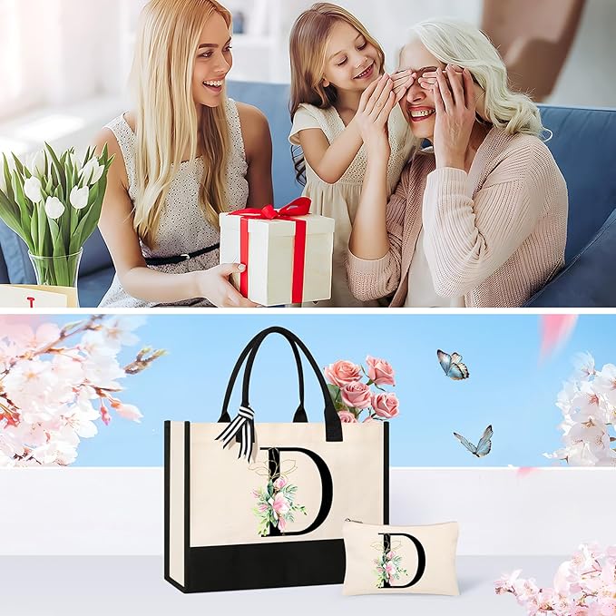 AYGE Personalized Initial Canvas Beach Tote, Monogrammed Gifts for Women, Makeup Bag, Birthday Gifts for Sister, Mom, Teacher, Bridesmaid (D)