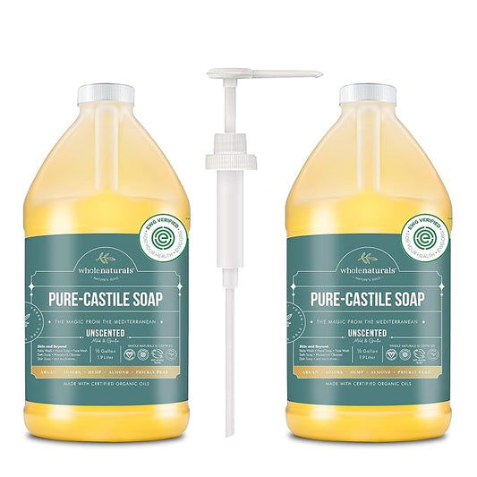 WHOLENATURALS Pure Castile Soap Liquid, EWG Verified & Certified Palm Oil Free Unscented, Natural, Mild & Gentle Non-gmo & Vegan - Organic Body Wash, Laundry, Pet/Dog and Baby Soap -Pack of 2 w/pump
