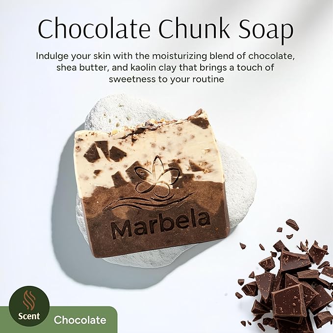 Marbela Cosmetics Chocolate Chunk Handmade Soap Bar - Made in USA, Vegan Friendly, Palm Oil Free, Natural Bar Soap - Gentle Face & Body Soap for Daily Skin Care, Moisturizing & Nourishing - 3.5 oz