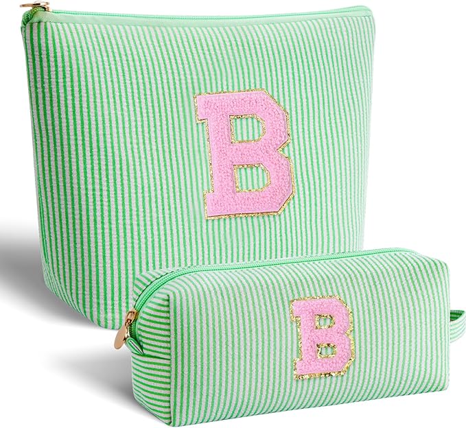 Bridesmaid Gifts Wedding Day - Bridal Shower Gifts,Maid of Honor Gifts,Initials Makeup Bag Set Cosmetic Bag - Green,B