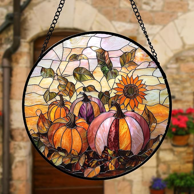 Stained Glass Window Hanging, Pumpkin Sunflower Suncatcher Diamond Glass Panel Sun Catchers Decor for Birthday for Women, Men, Wife, Aunt, and Mom 6.3 in