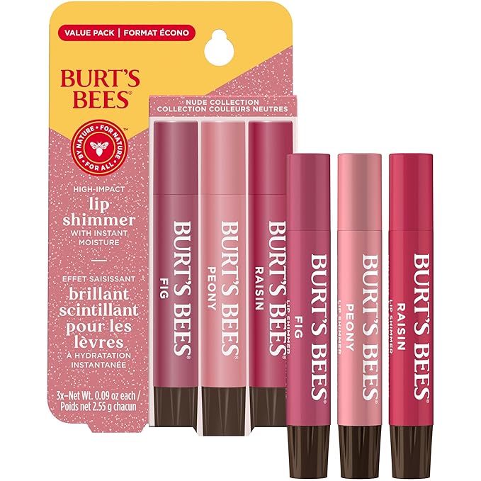 Burt's Bees Christmas Gifts, Lip Shimmer Nude Collection, Tinted Lip Balm Stick, Moisturizing for Hydration with Natural Glowy Pigmented Finish & Buildable Color, Value Pack, 3 Tubes x 0.09 Oz